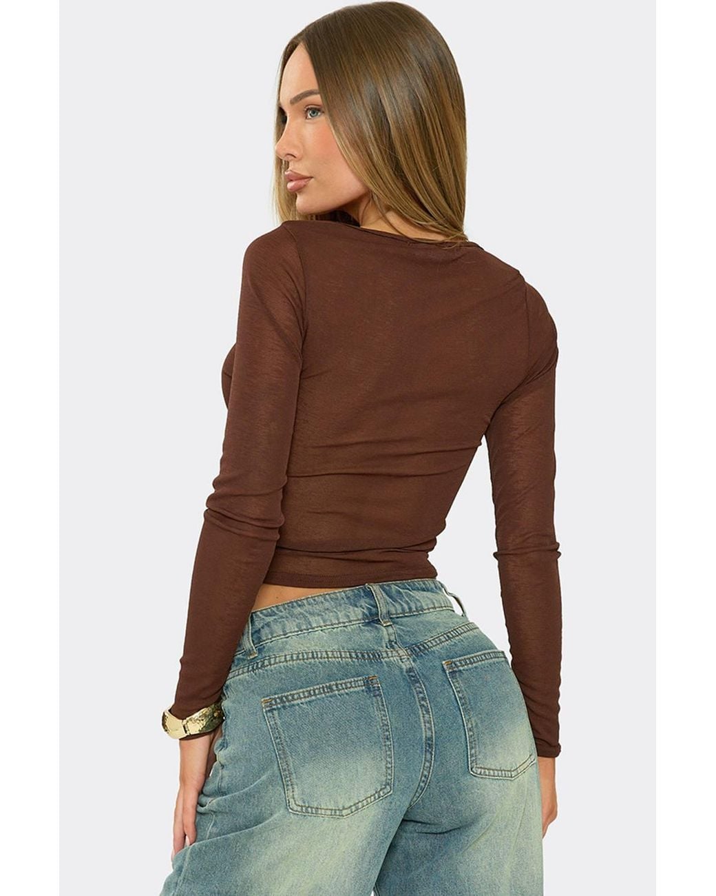 EGO Brown Long Sleeve Round Neck Sheer Sheer Top