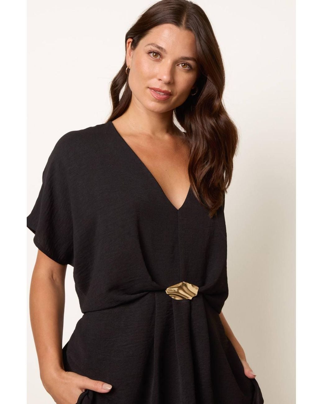 Blue Vanilla Black Elasticated Waist Short Sleeve V-Neck Top