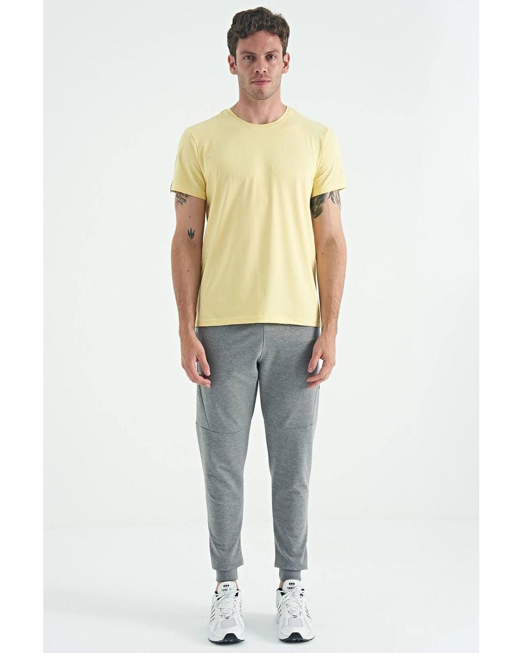 TOMMY LIFE Yellow Cotton Elastane Crew Neck T-Shirt for men