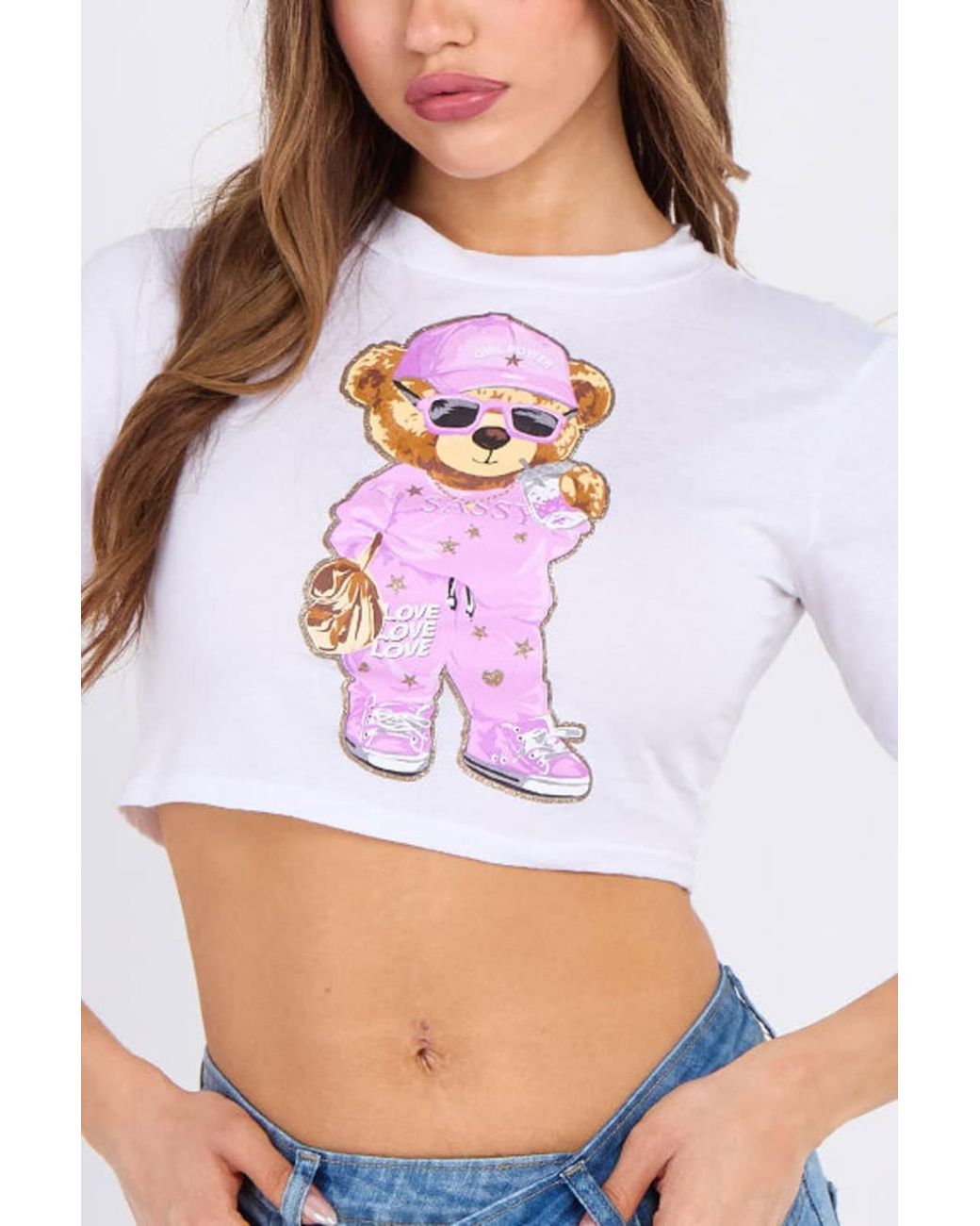 Stylewise White Teddy Graphic Glitter Detail Crew Neck Crop Top