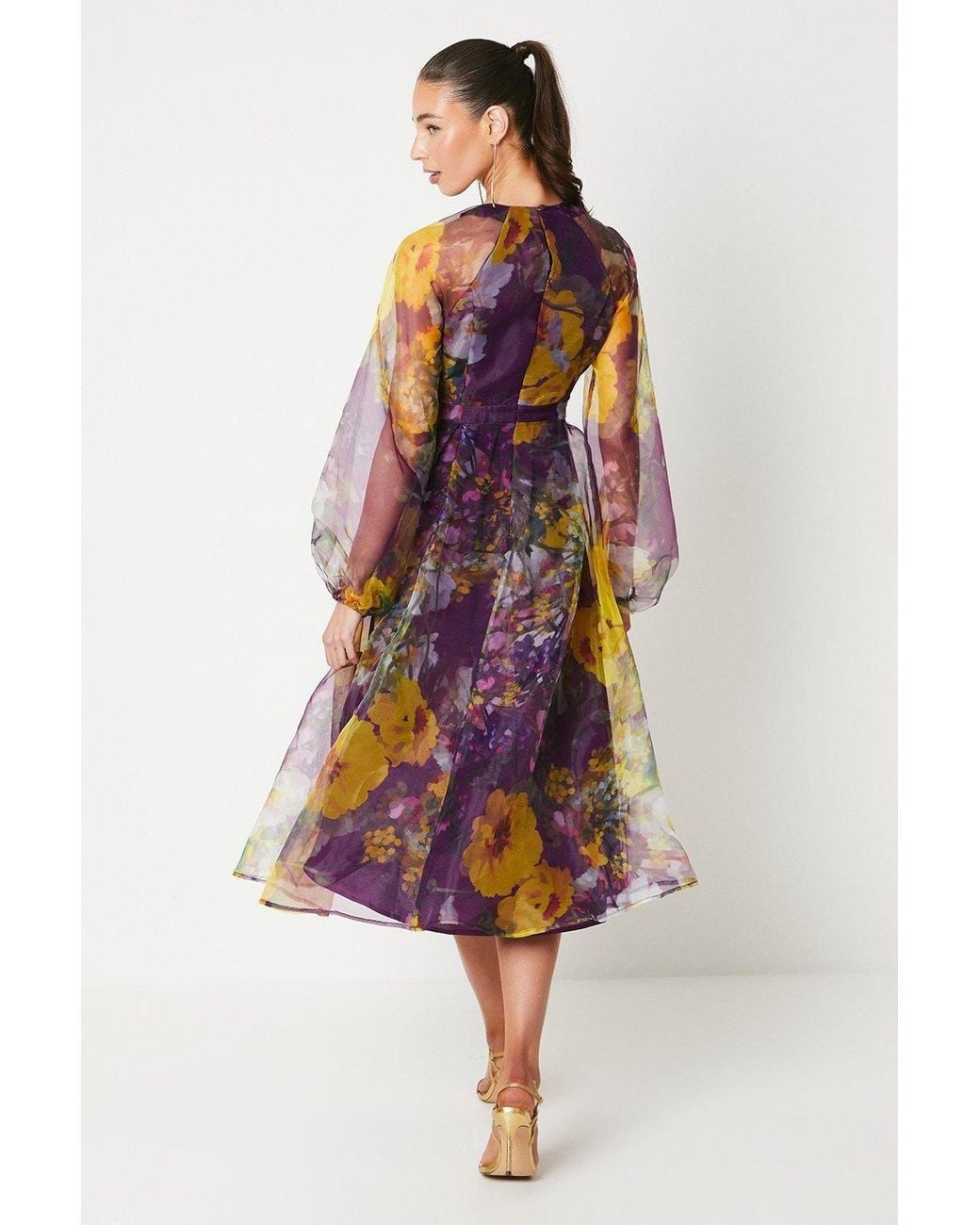 Coast Red Organza Wrap Waist Puff Sleeve Midi Dress