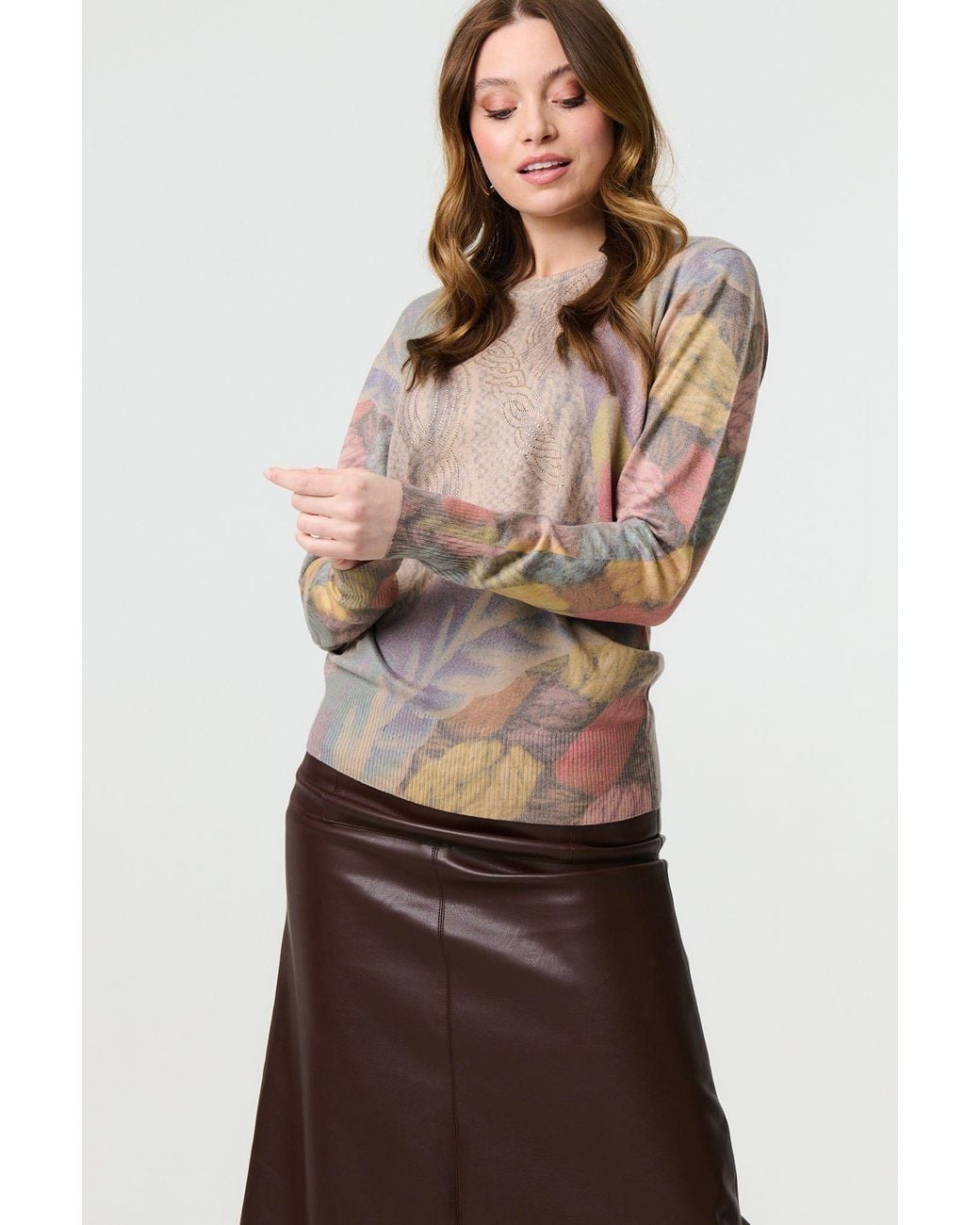 Izabel London Brown Abstract Long Sleeve Round Neck Knit Top