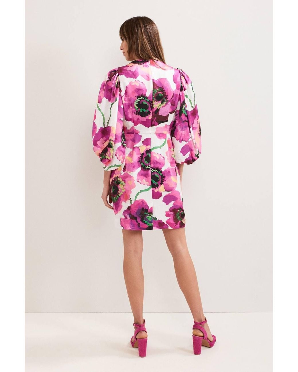 Phase Eight Pink Fiona Puff Sleeve V-Neck Dress