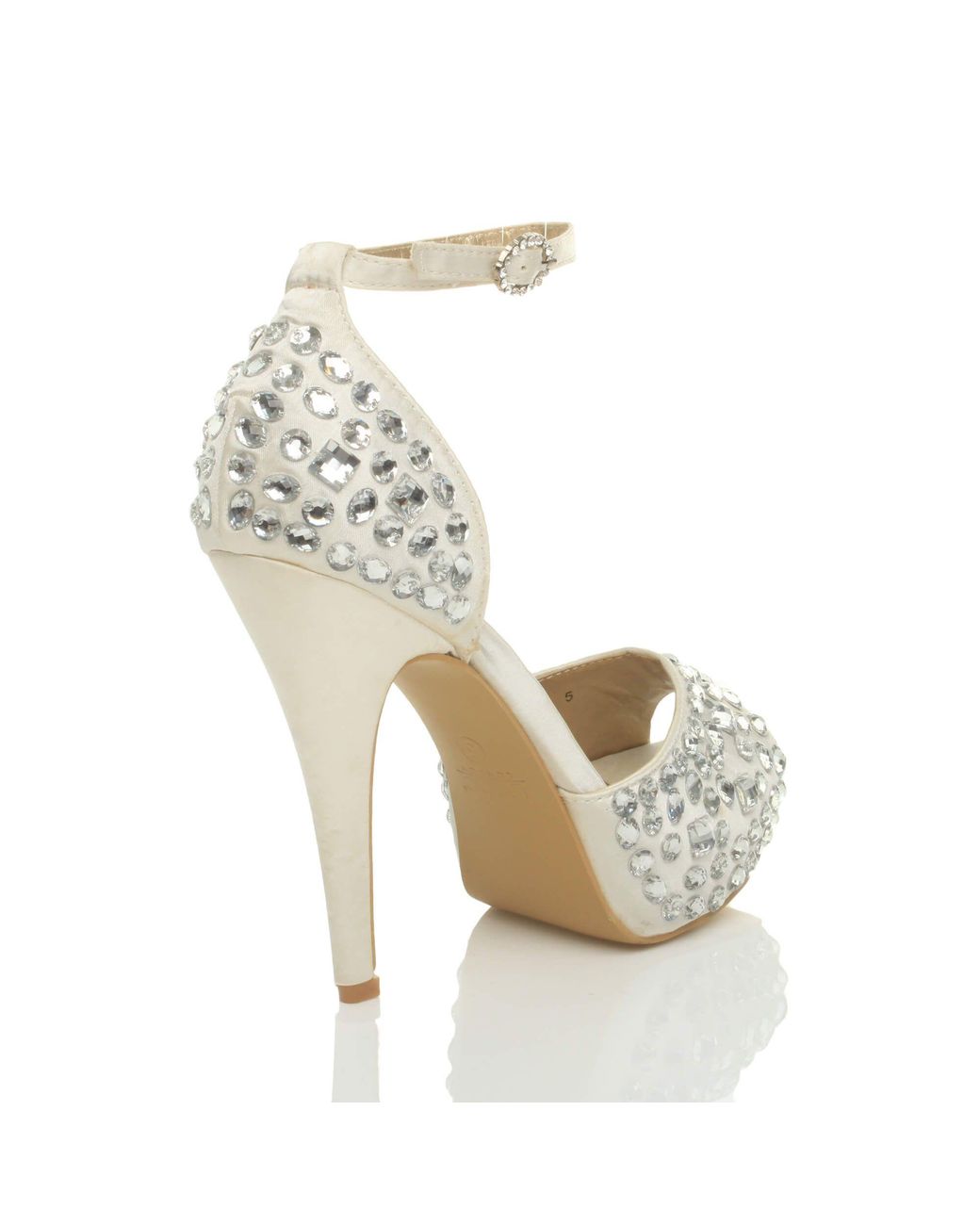 AJVANI Metallic High Heel Gem Ankle Strap Peep Toe Satin 2 Part Heels