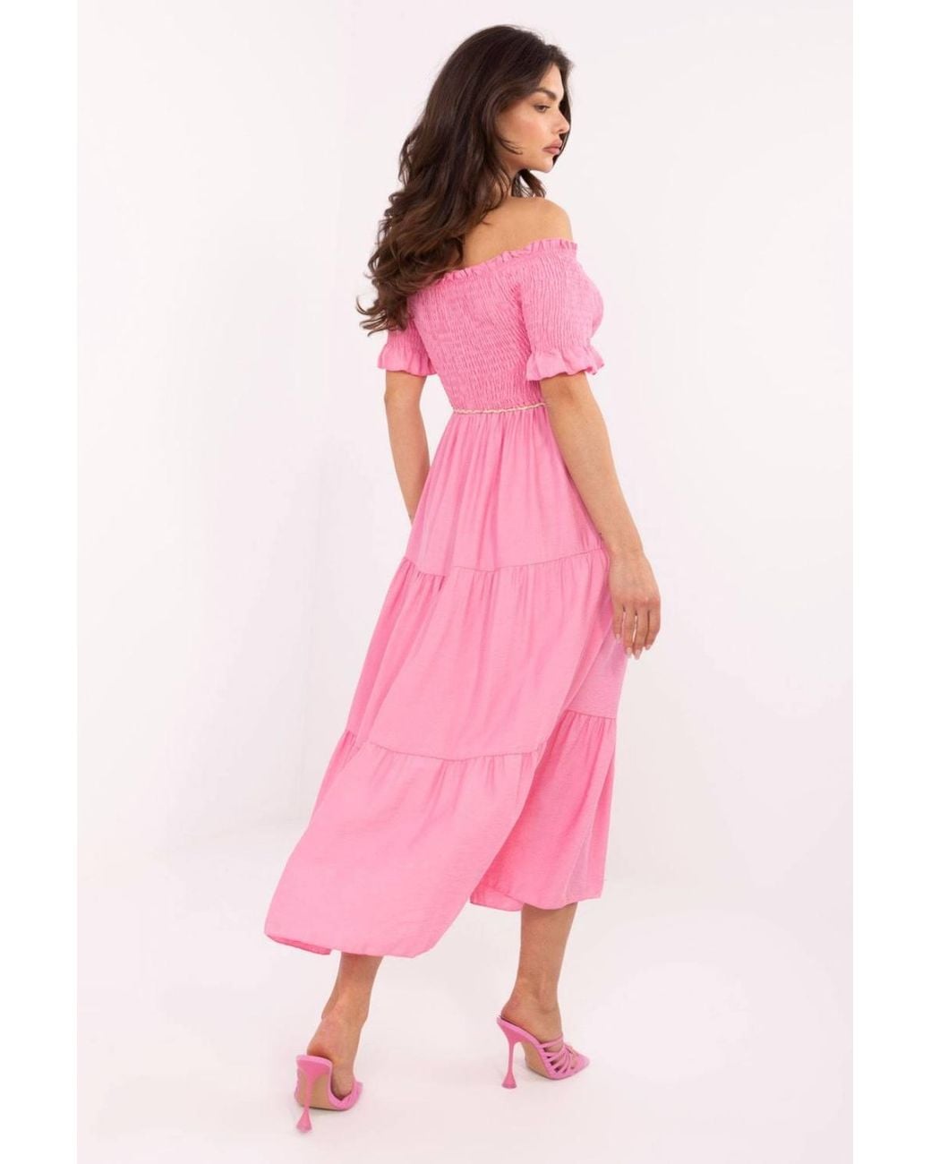 Love Lace Pink Flared Summer Midi Dress With Tie Belt