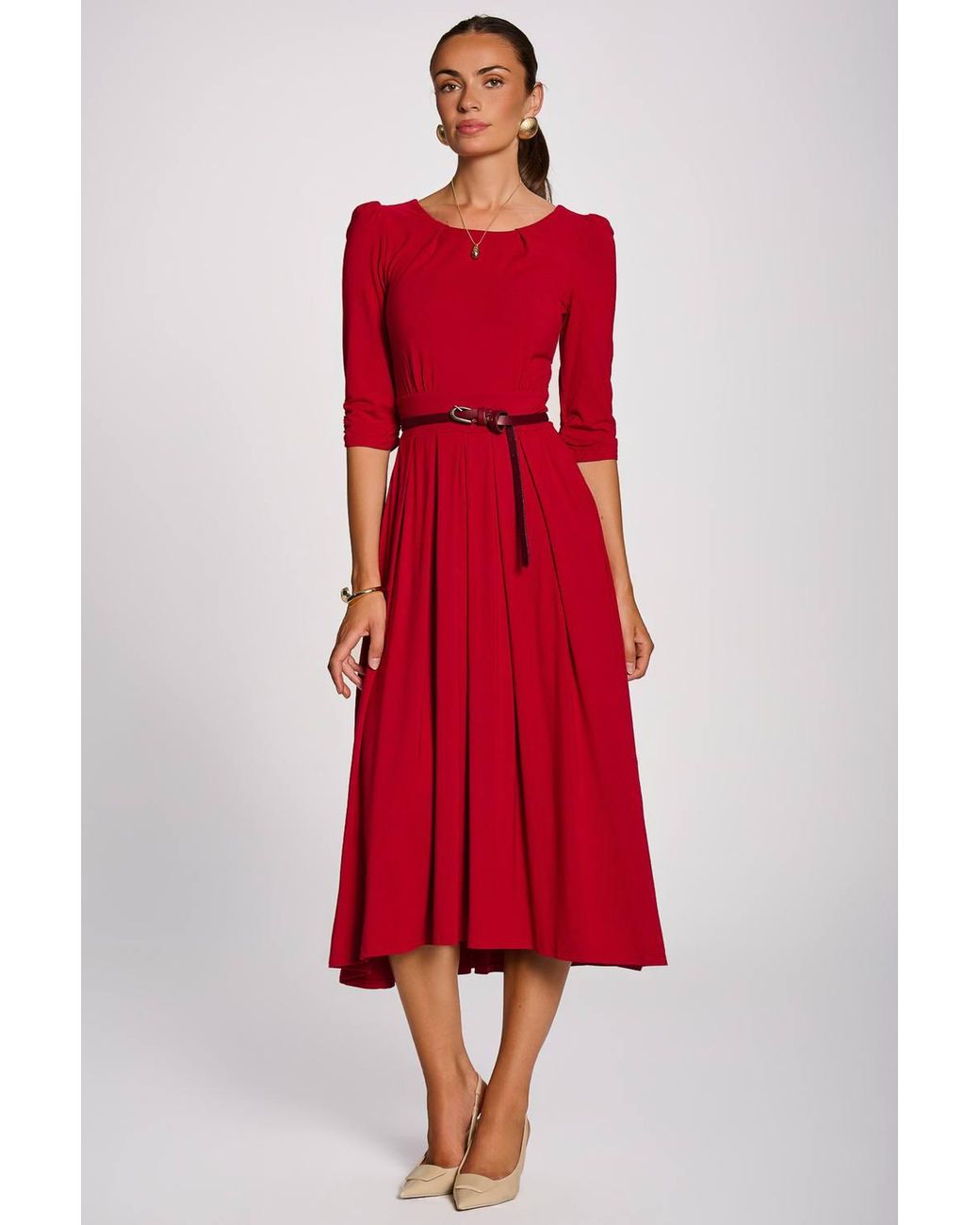 Jolie Moi Red 3/4 Sleeve Modal Viscose Midi Dress