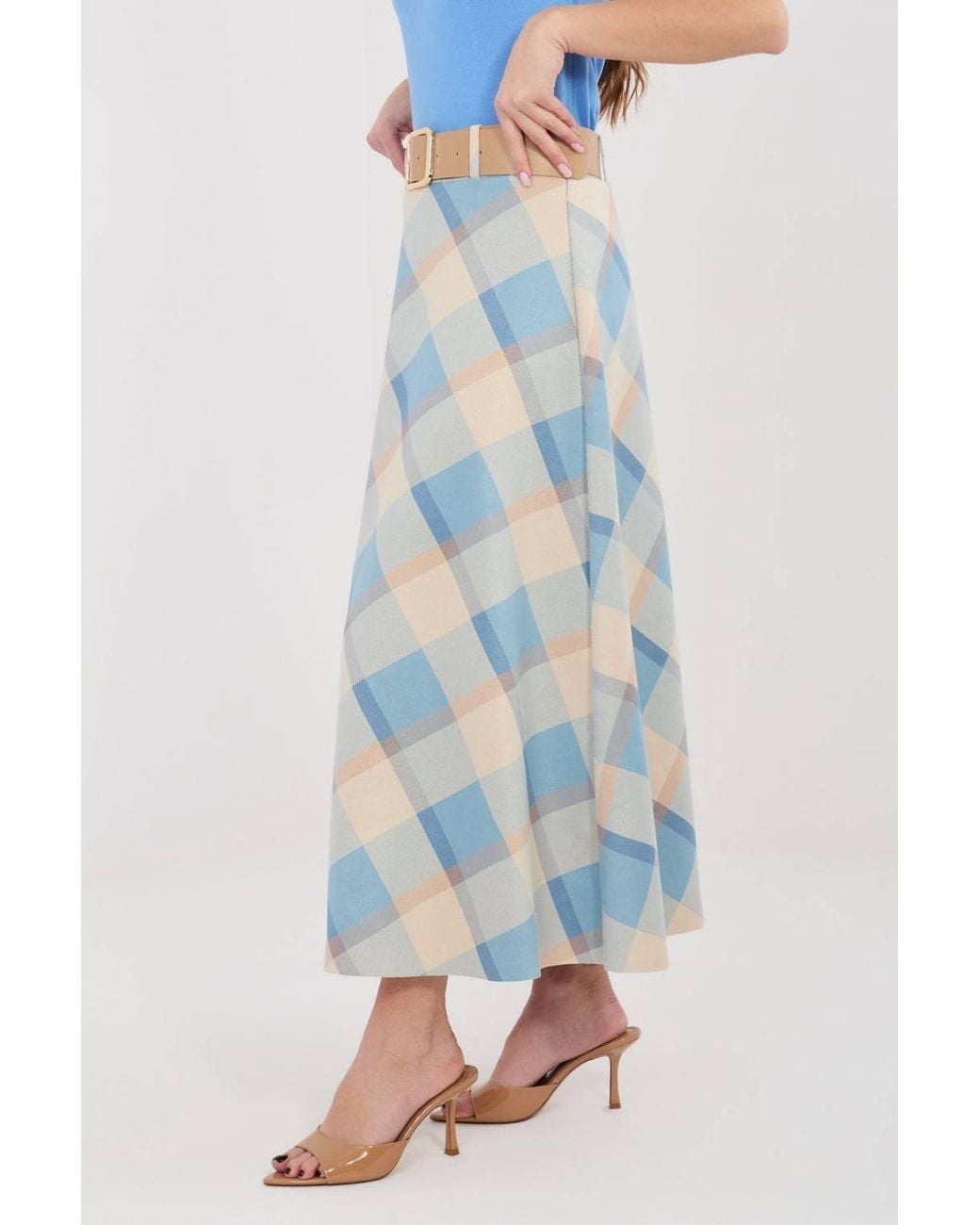 Love Lace Blue Classic Check Flared Maxi Skirt With Belt