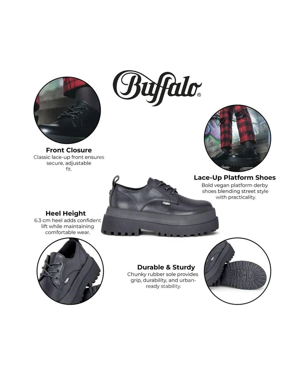 Infinity Leather Black Buffalo Lace-Up Chunky Platform Derby Shoes