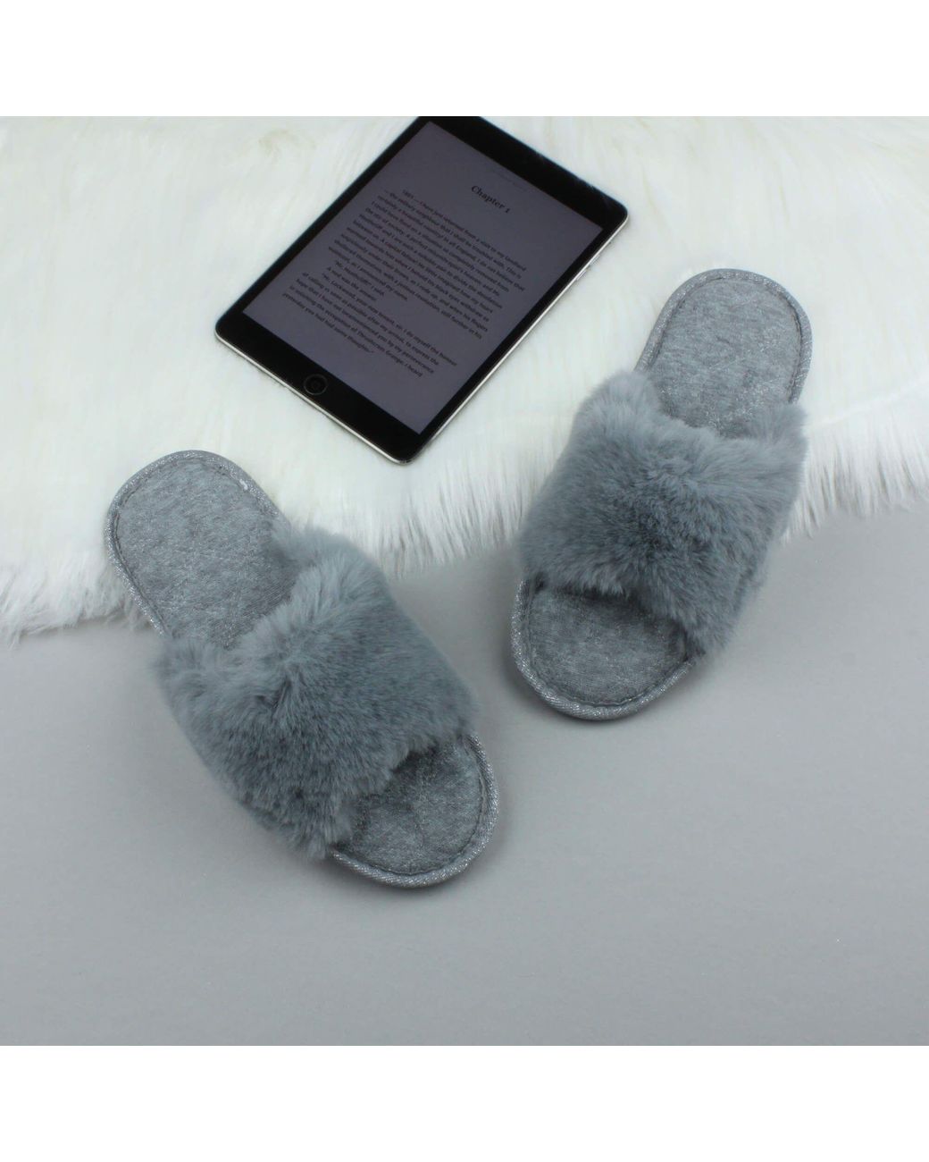 AJVANI Gray Flat Heel Fluffy Peep Toe Slippers
