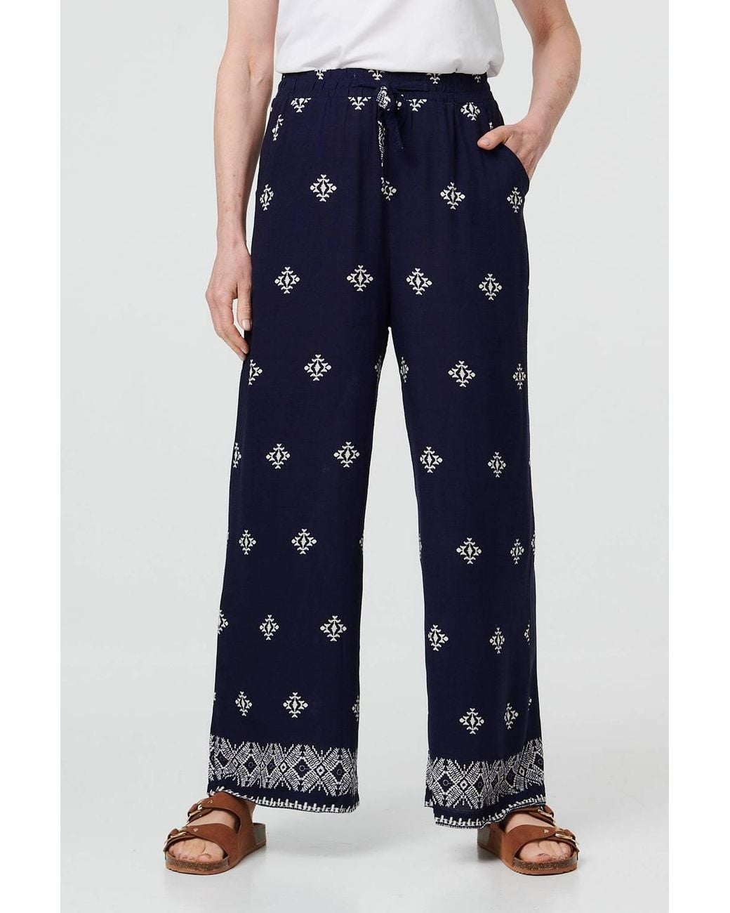 Izabel London Blue Printed High Waist Drawstring Trousers