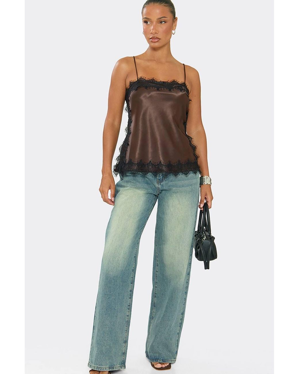 EGO Brown Strappy Straight Neck Lacy Satin Cami Top