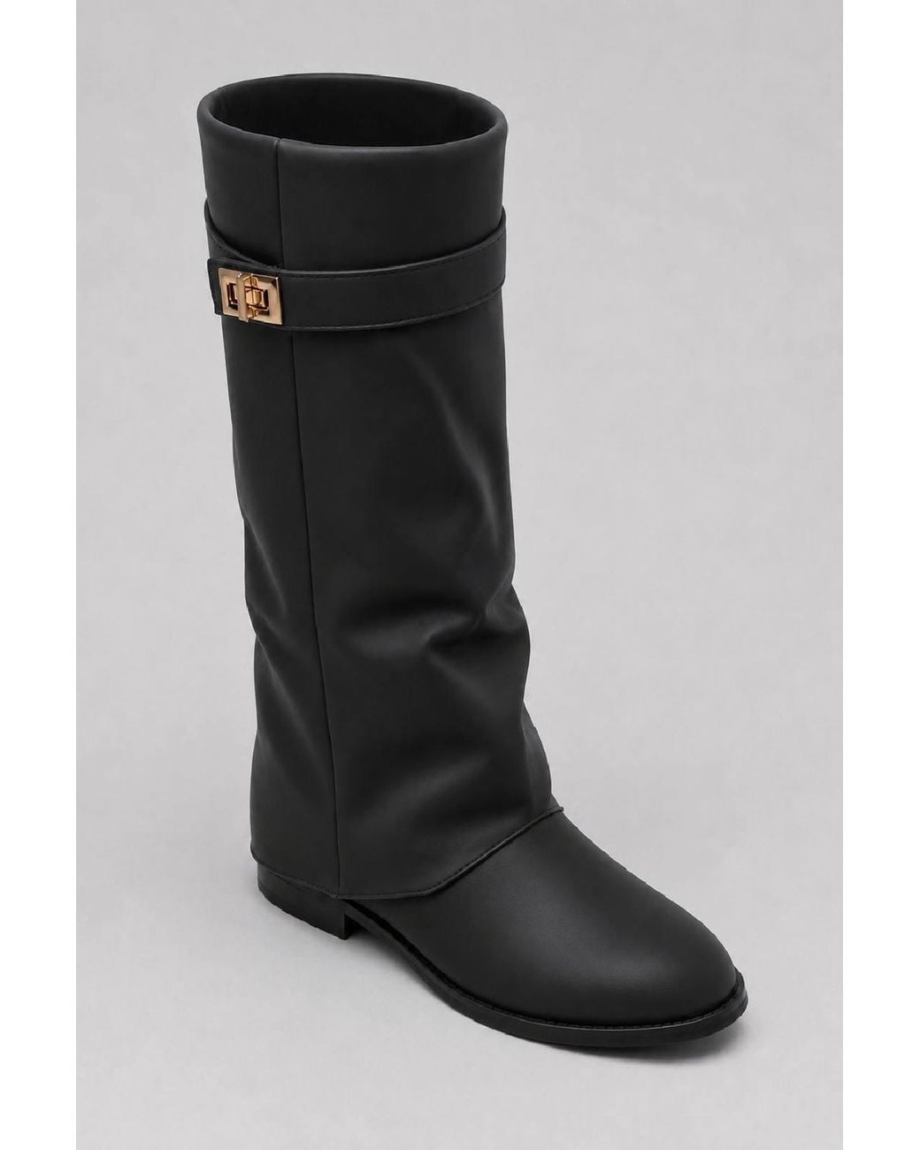 Miss Diva Black Isley Round Toe Trim Buckle Fold Over Knee High Pu Boots