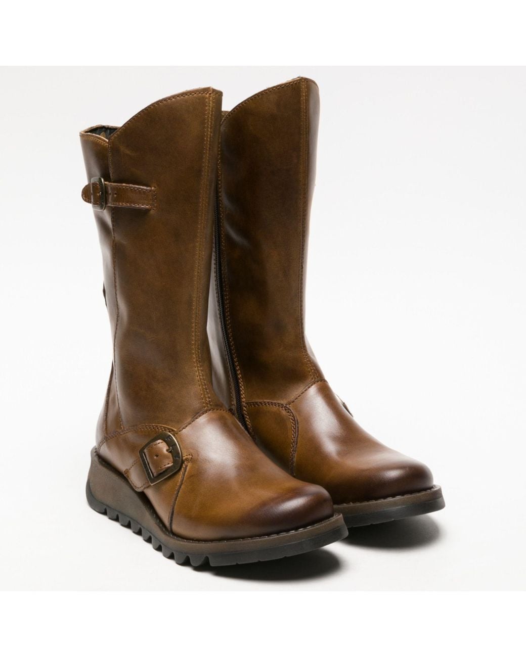 TruClothing Brown Wedge Heel Buckle Mid Calf Leather Boots