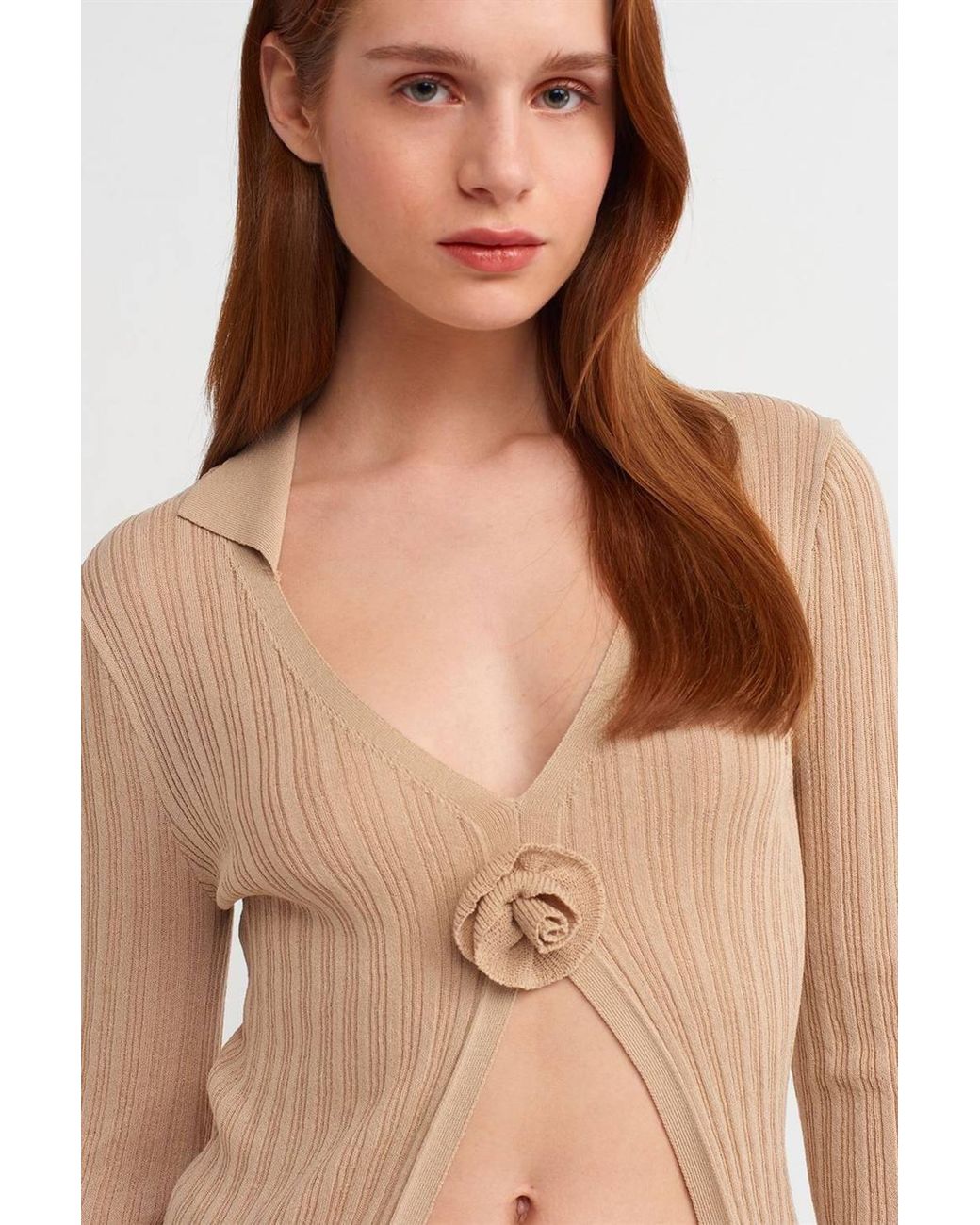 Dilvin Blue Slim-Fit Ribbed Knit Polo Blouse