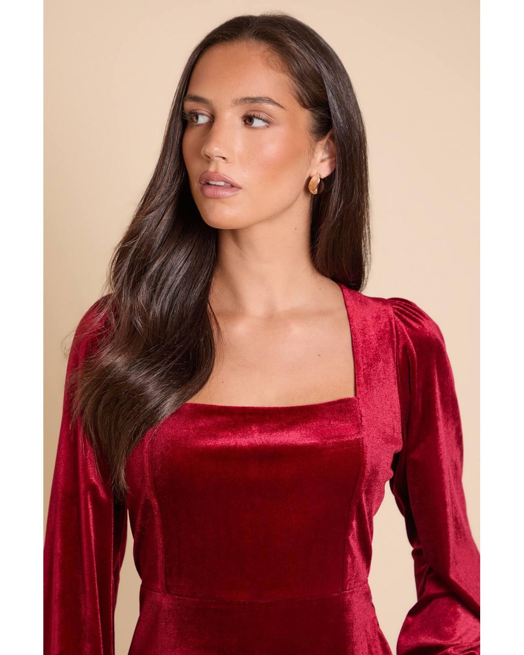 Dorothy Perkins Red Square Neck Blouson Sleeve Velvet Mini Dress
