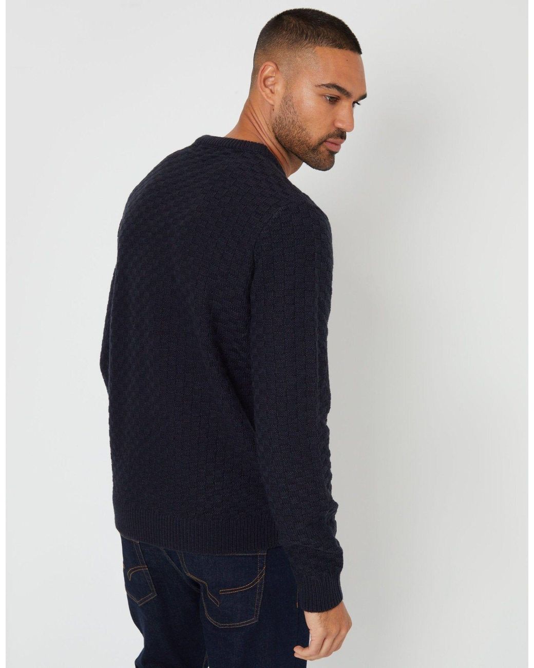 Threadbare Blue 'Oldcastle' Textured Knit Crew Neck Jumper for men