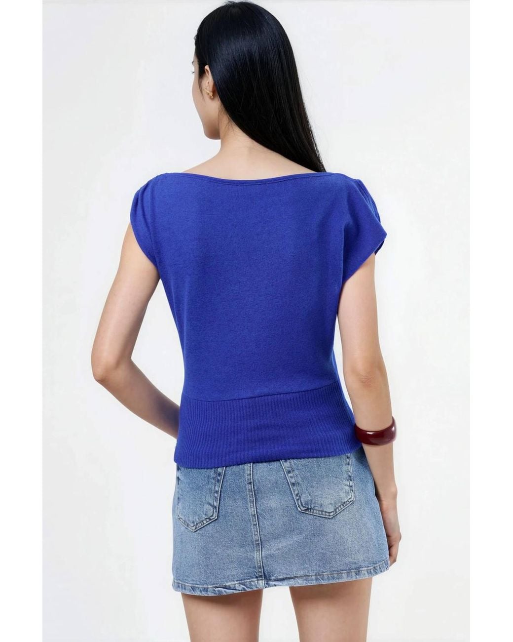 Busem Blue Boat Neck Ribbed Blouse