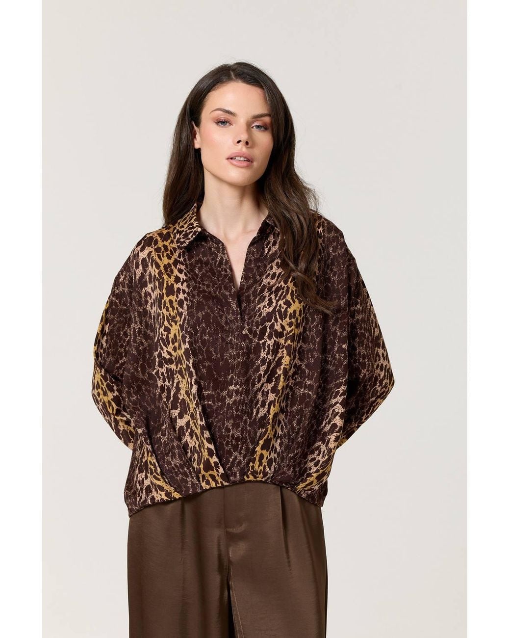 Liquorish Brown Mixed Animal Print Satin Shirt
