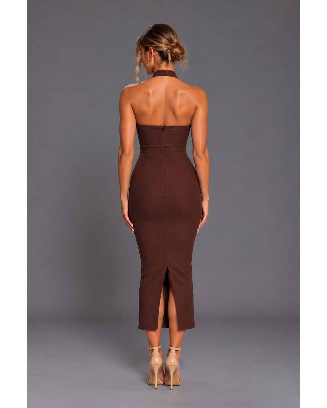 Vesper Gray Scoop Neck Halterneck Bodycon Midaxi Dress
