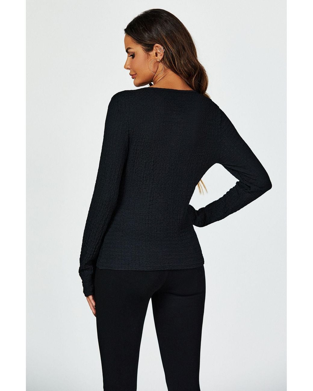 FS Collection Black Button Down Ruched Stretch Long Sleeves Top