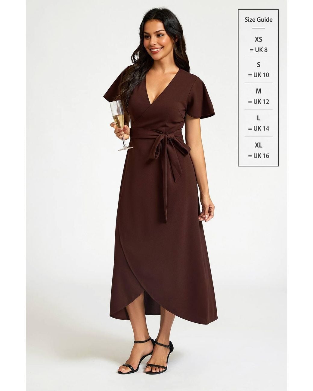 FS Collection Brown Flutter Sleeve Wrap Front Midi Dress