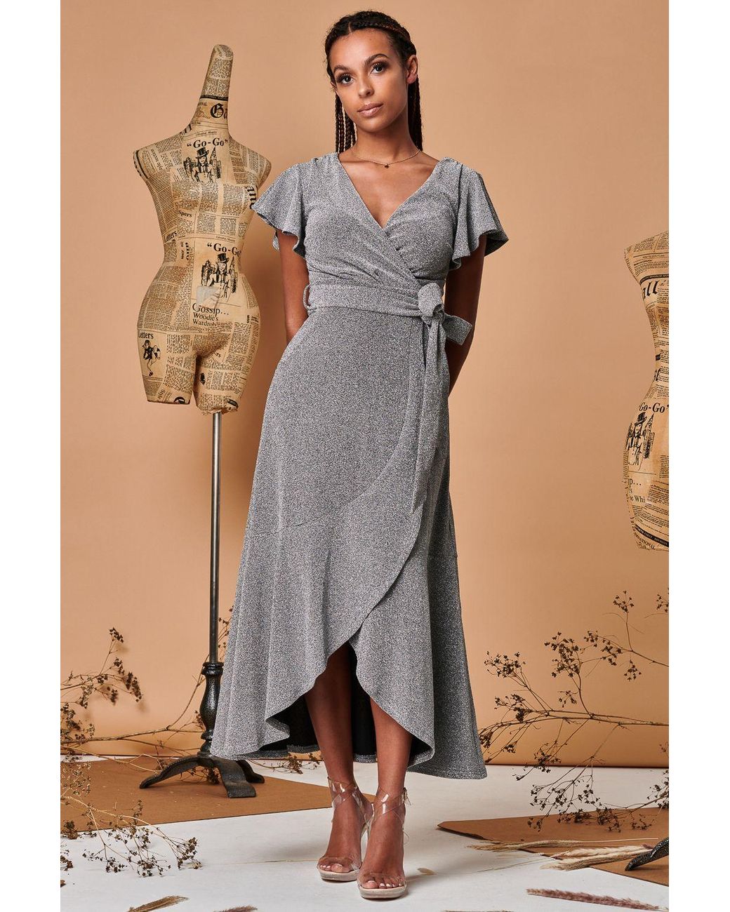 Jolie Moi Brown Metallic Effect Ruffle Hem Maxi Dress
