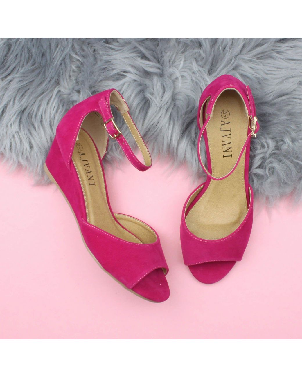 AJVANI Pink Mid Wedge Heel Ankle Strap Sandals