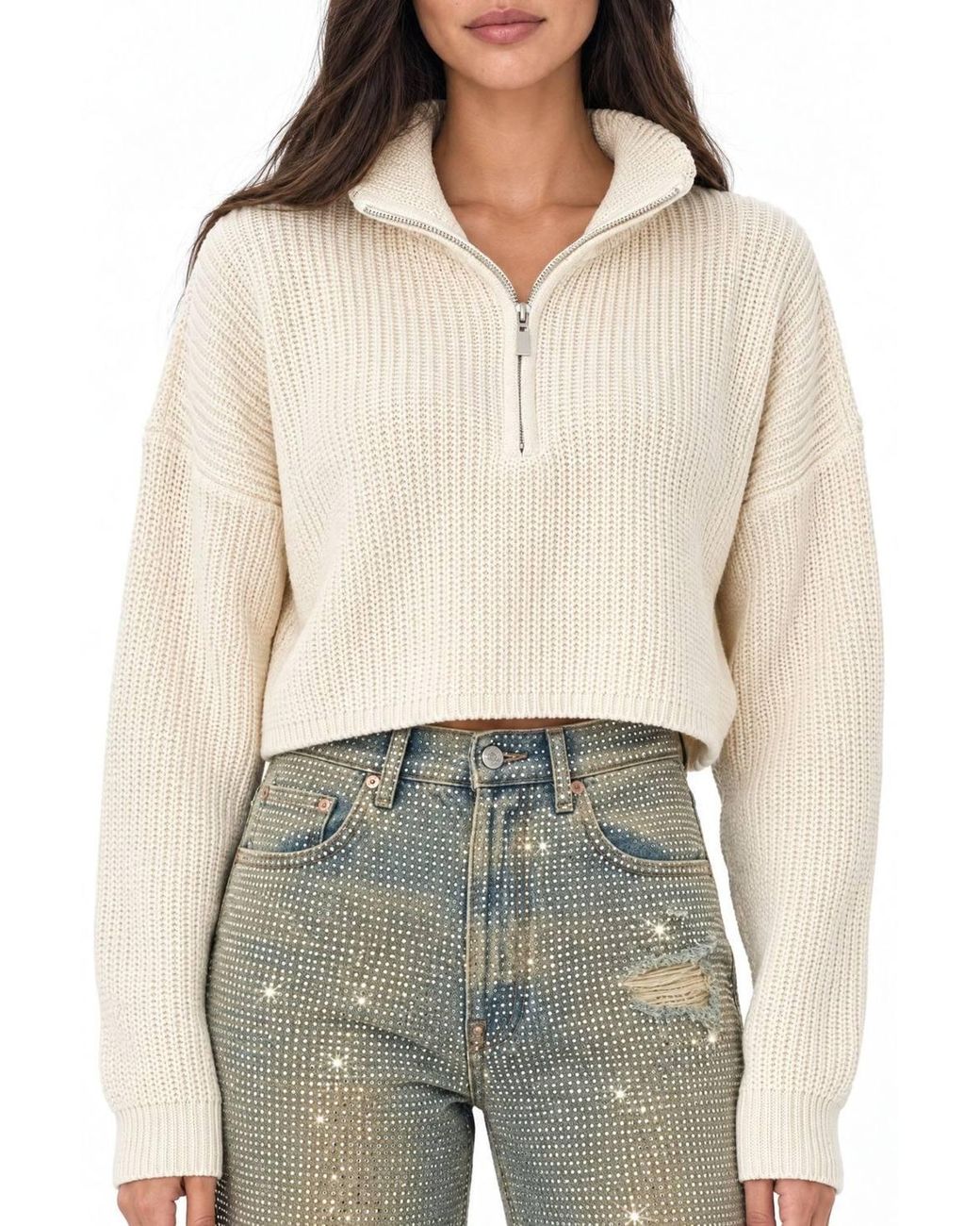 MixRay White Textured Long Sleeve Zipped Collar Sweater