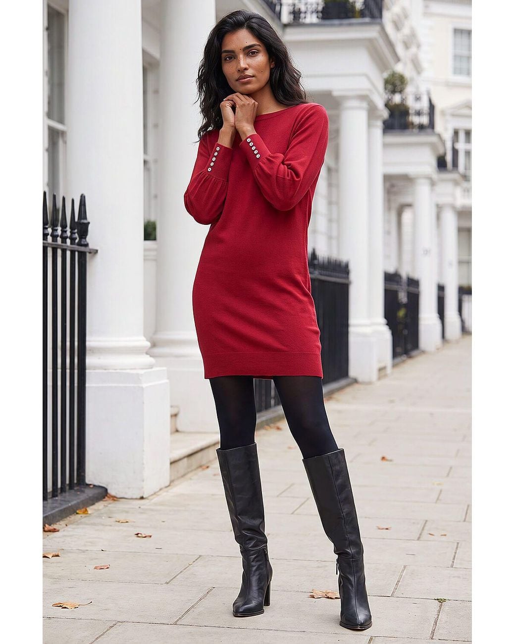 Roman Red Button Detail Slash Neck Knitted Stretch Dress