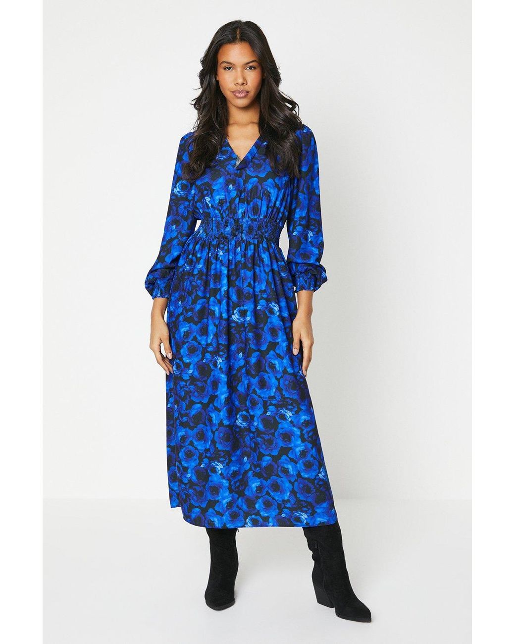 Dorothy Perkins Tall Black Shirred Waist Midi Dress in Blue | Lyst UK