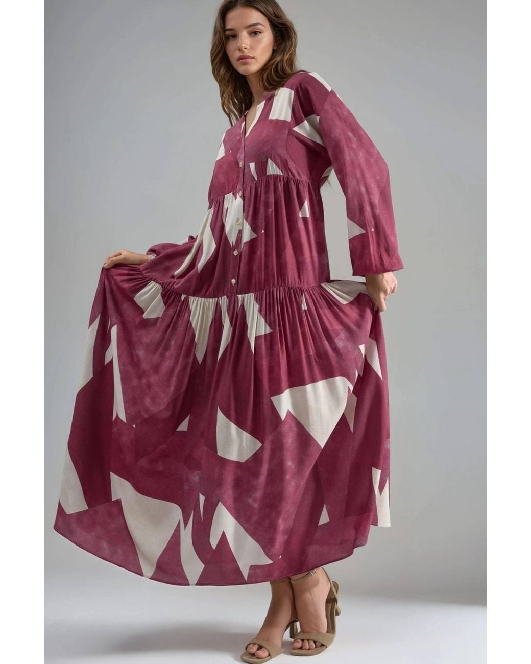 Hiccup Red Printed Long Sleeve Viscose Maxi Dress