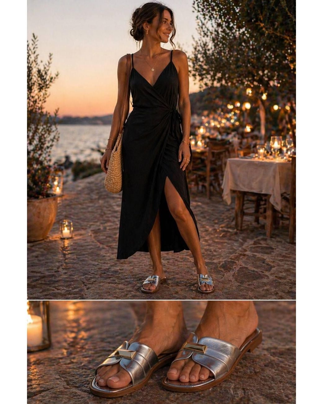 LARANGE Black Metallic Slip On Mules Square Toe Flat Sandals Slides
