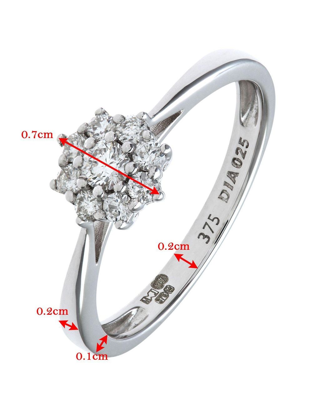 Jewelco London Metallic 9Ct Round 1/4Ct Diamond 9 Stone Cluster Ring 7Mm