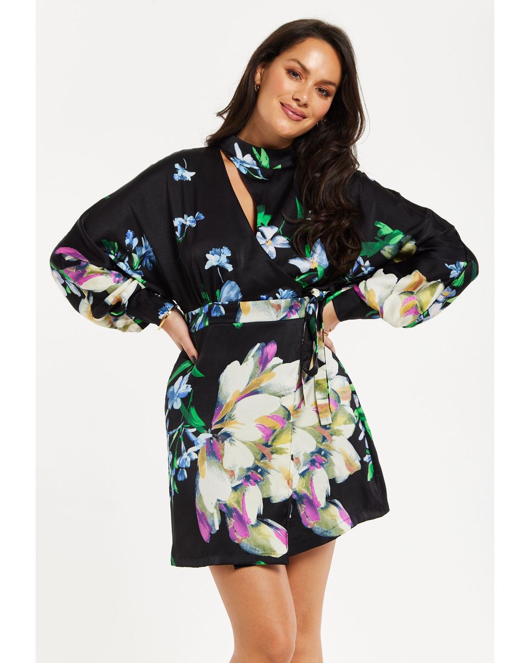 Liquorish Black Elegant Floral Print Mini Wrap Dress With Cut Out Detail