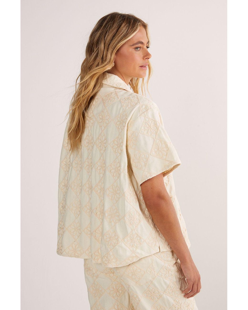 Nasty Gal Natural Embroidered Flower Short Sleeve Denim Shirt
