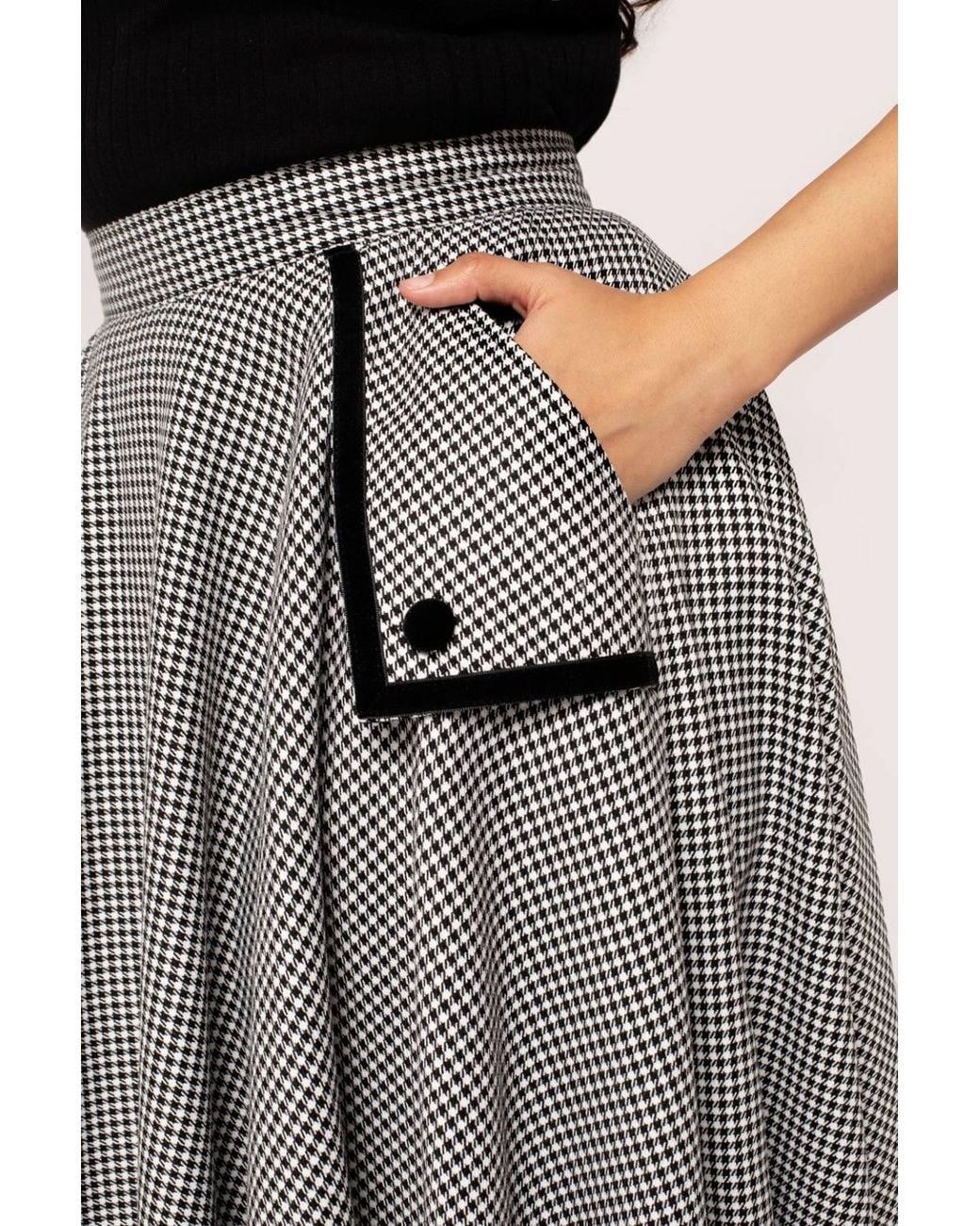 Hell Bunny Gray Teddy Houndstooth Midi Skirt With Velvet Trim Pocket Detail