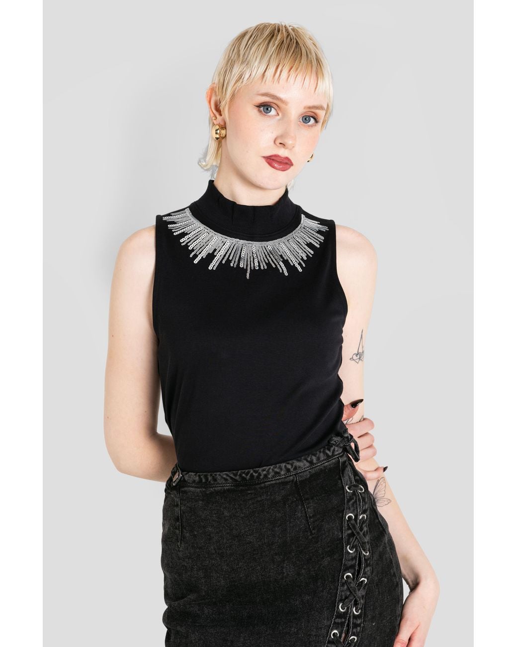 Enorsia Black Sequin High Neck Sleeveless Top