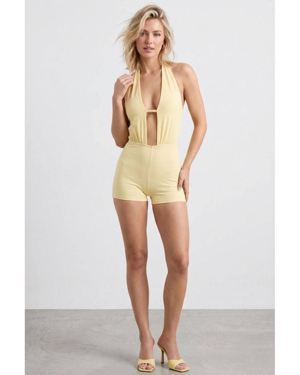 Stylewise Natural Open Back Halter Neck Plunge Neckline Playsuit