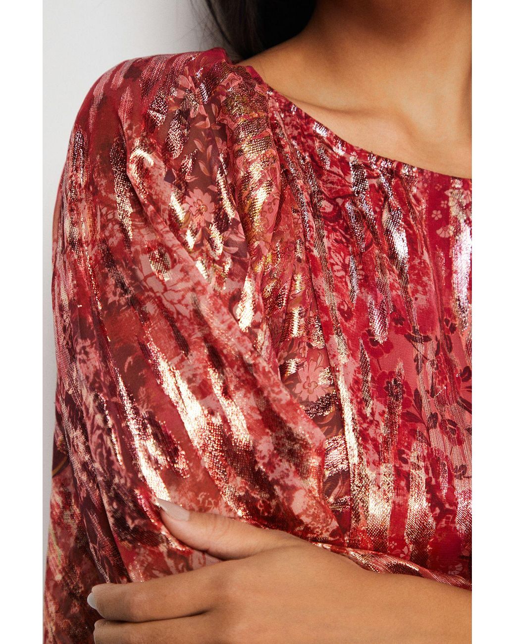 Warehouse Red Metallic Jacquard Volume Sleeve Mini Dress