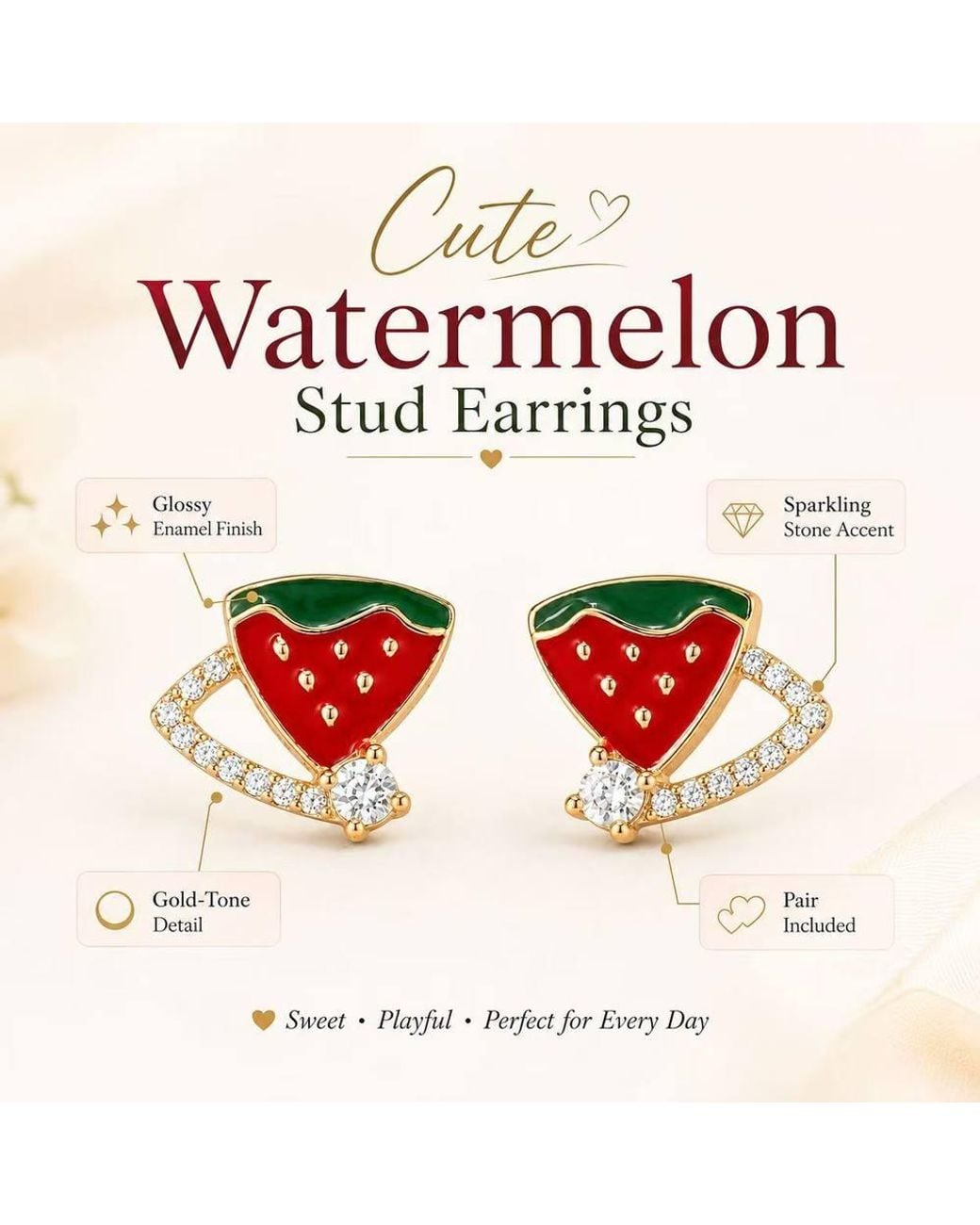 BluCore Red Watermelon‑Shaped Stud Earrings, ‑Tone Crystal Inlaid Fruit
