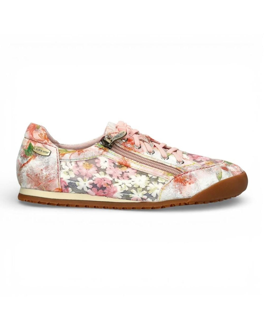 LAURA VITA Pink Floral Leather Trainers Zip Sneaker Shoes