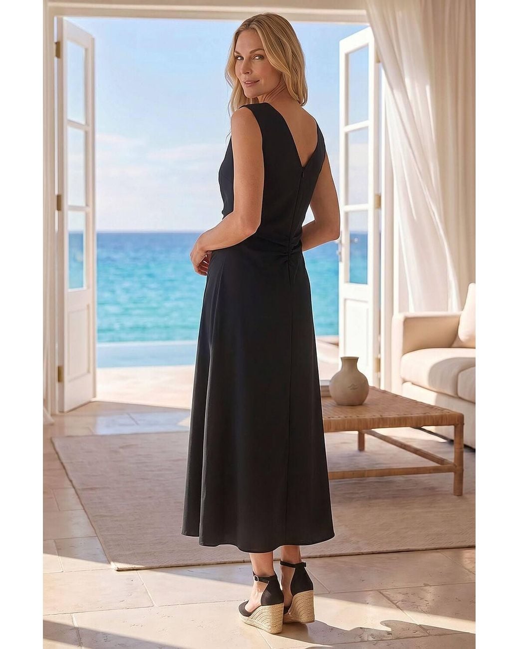 Roman Black Petite V-Neck Ruched Stretch Midi Dress