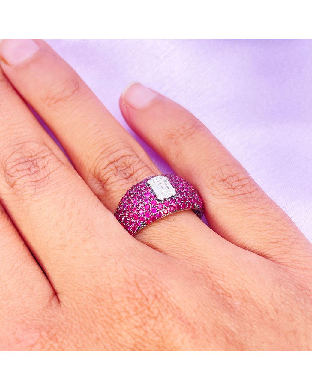 Raina Jewels Purple 18Ct Whitegold Ruby Baguette Diamond Cluster Cocktail Dome Ring 1.45Ct