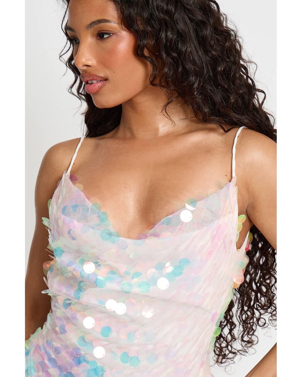 Public Desire White 3D Iridescent Disc Sequin Cowl Neck Dress