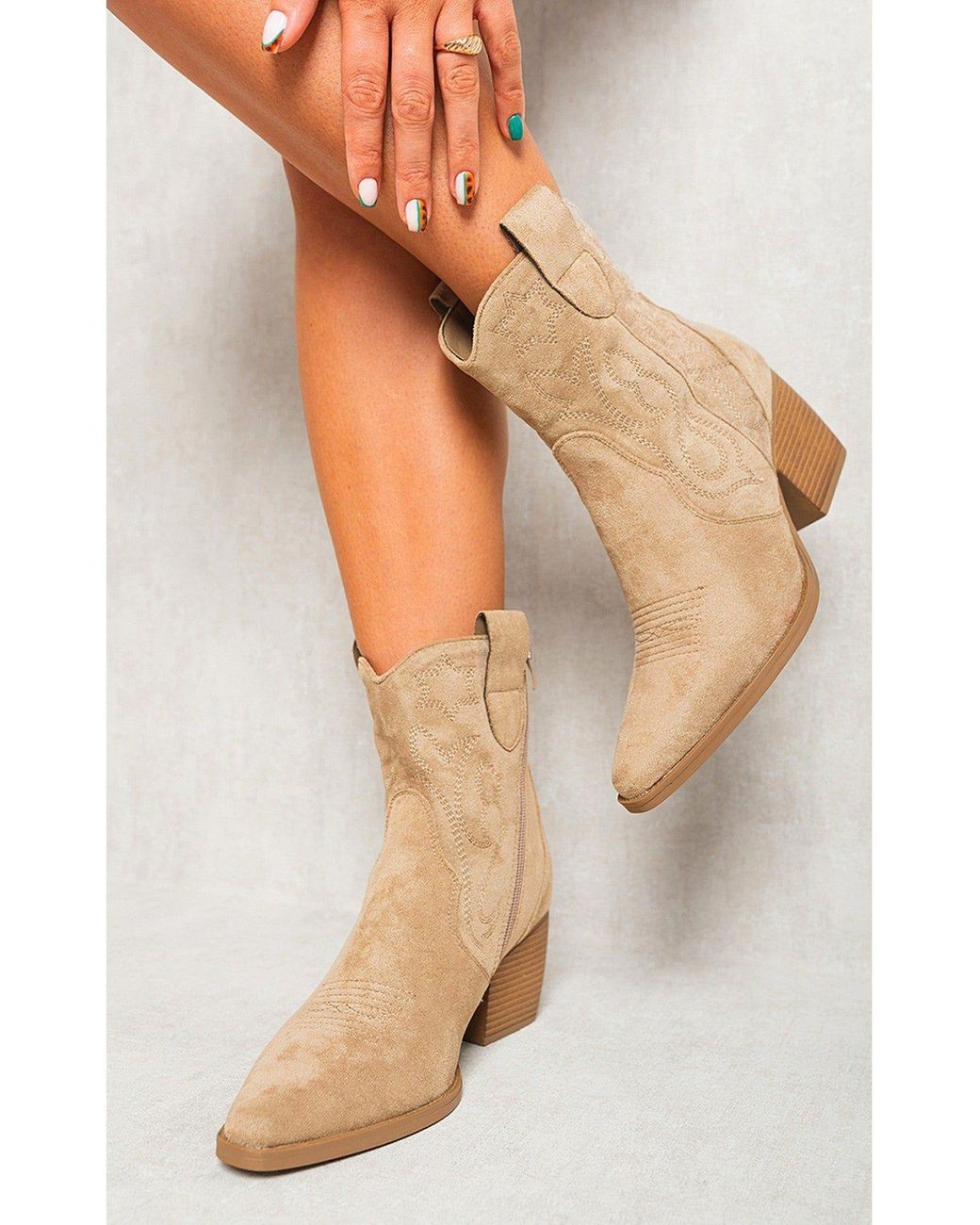 IKRUSH Natural Laura Faux Suede Cowboy Ankle Length Boots With Block Heel