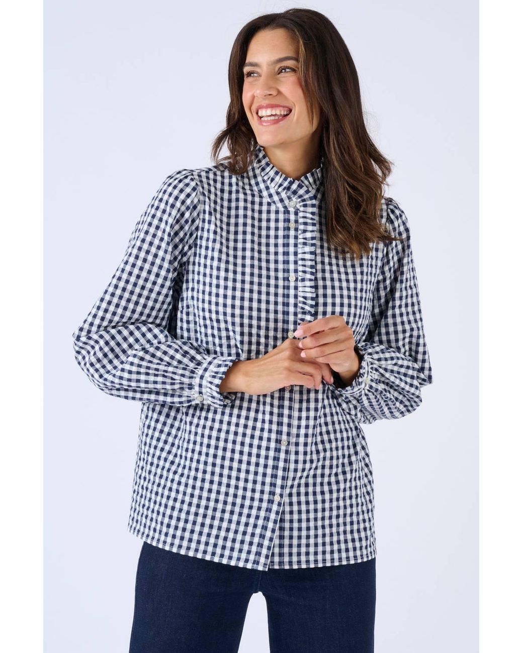 DAMART Blue Cotton Gingham Seersucker Cotton Blouse