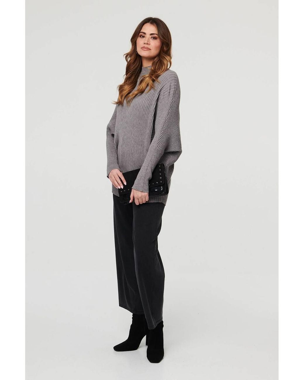 Izabel London Gray Striped Texture Batwing Sleeve Jumper