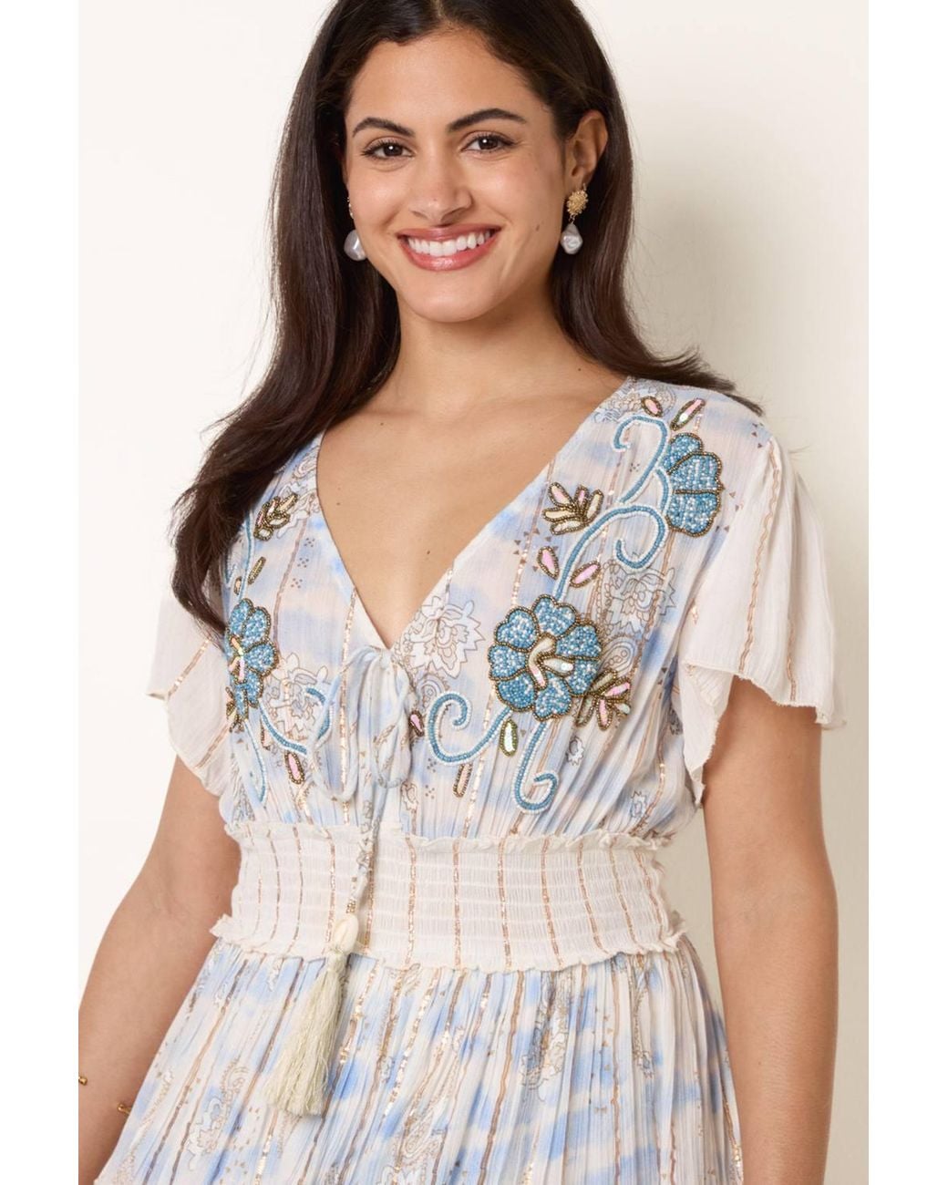 Blue Vanilla Natural Shirred Waist Short Sleeve V-Neck Mini Dress