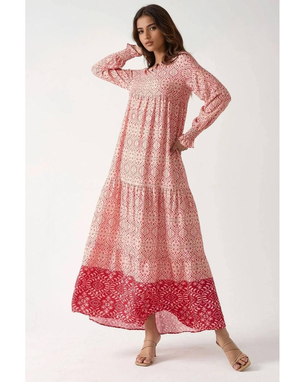 Hiccup Red Printed Viscose Maxi Dress With Crew Neck