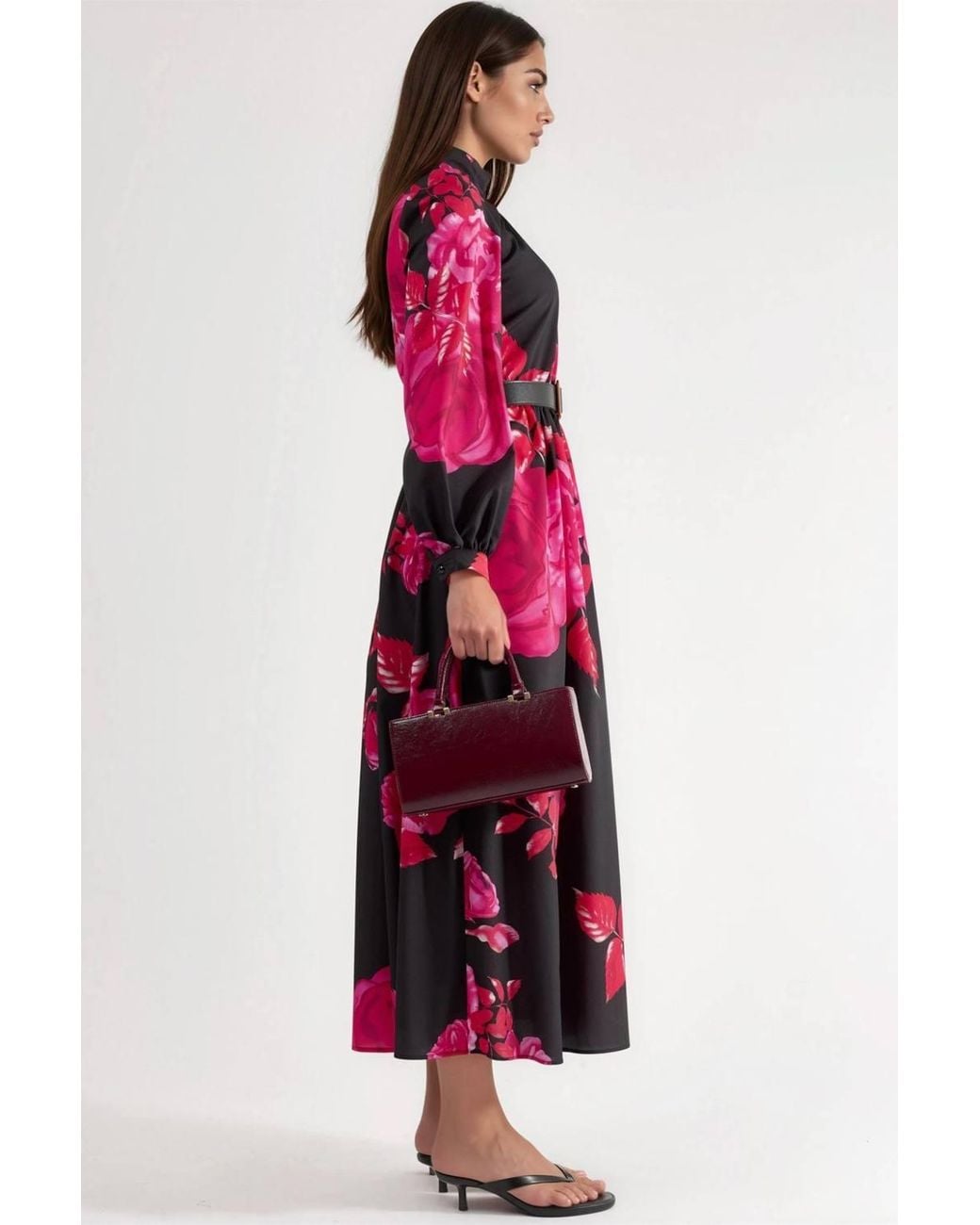 Msn-Collection Red Floral Belted Maxi Dress With Half Turtleneck